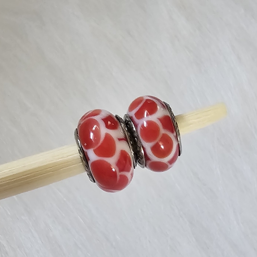 Pandora Lot of 2 Red Heart Murano Glass Bracelet Beads